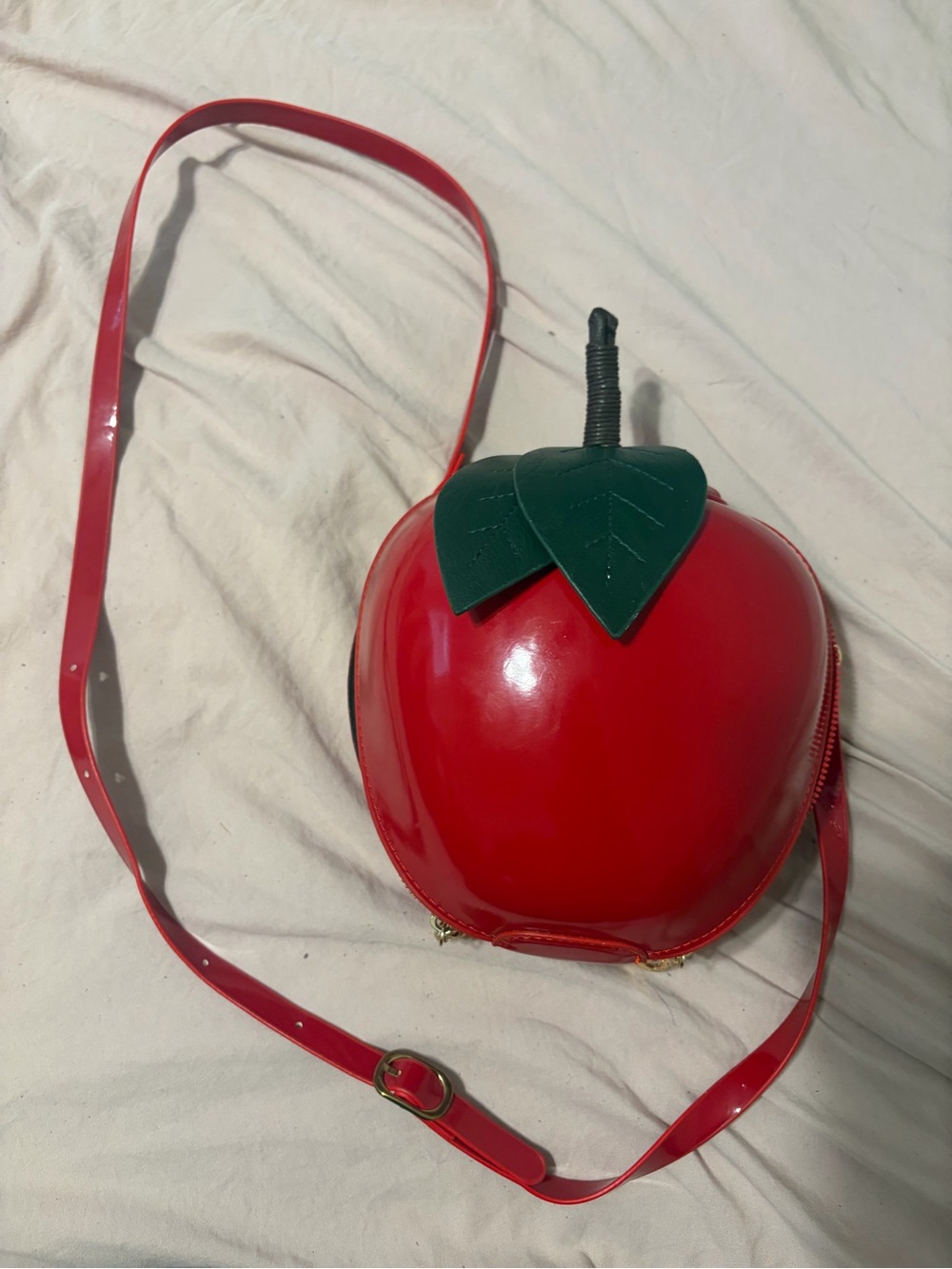 Red Apple Crossbody Bag with Green Leaf Accent